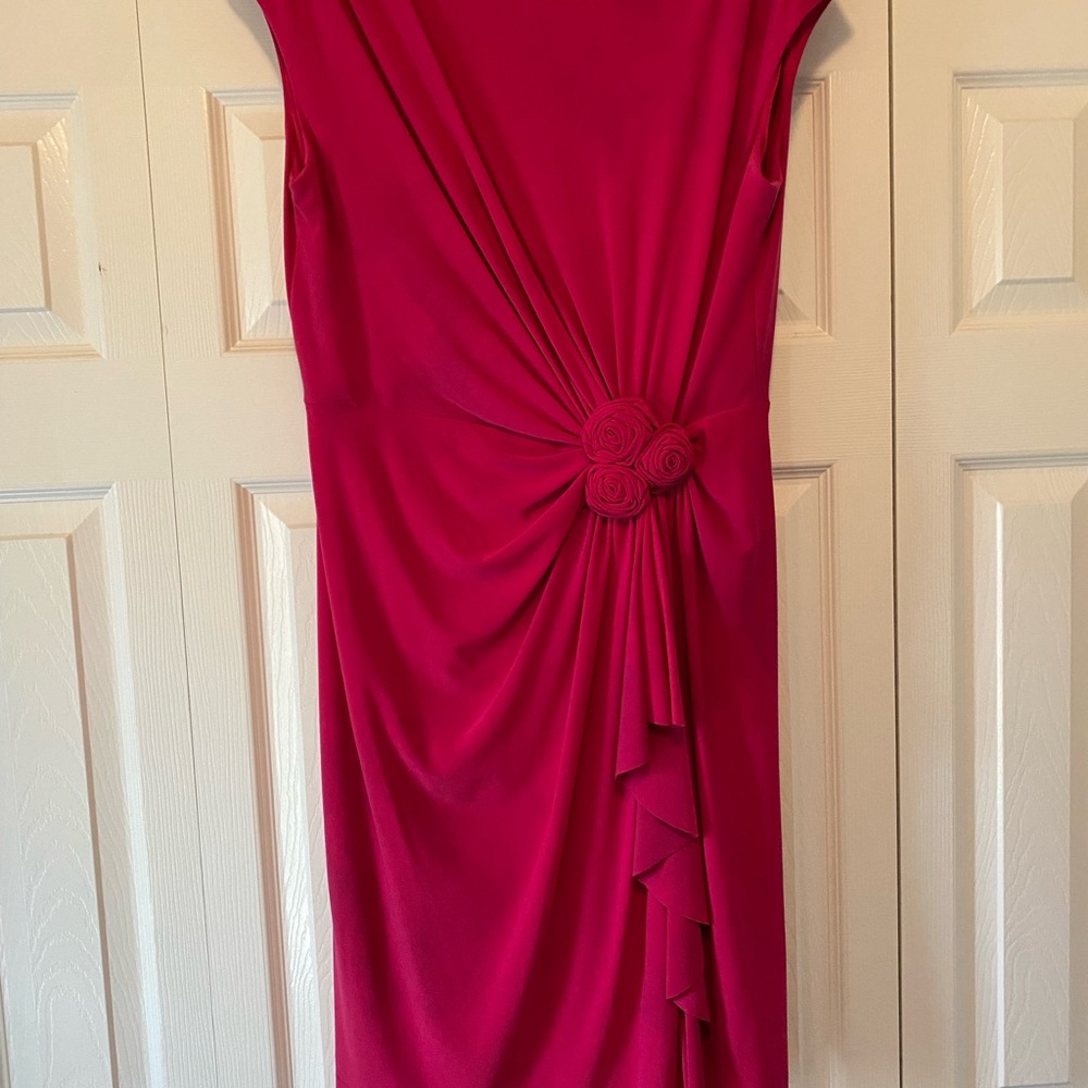 Evan Picone Vibrant Pink Midi Dress with Floral Accent